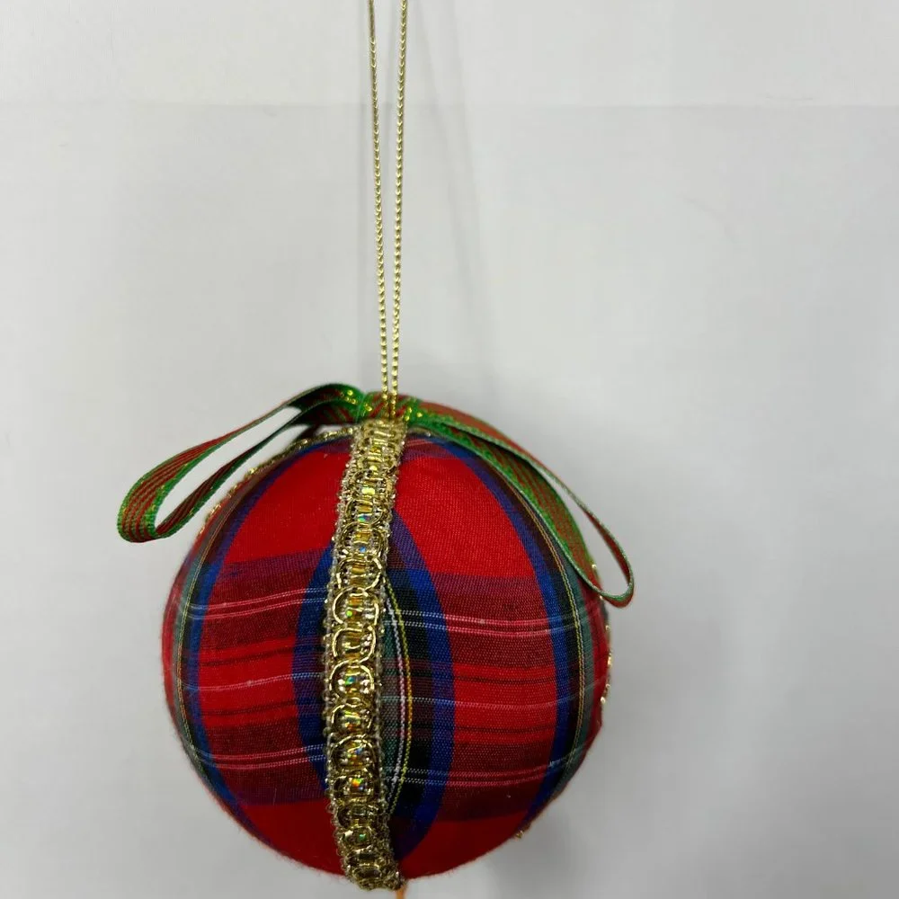 Vintage Hand Made Christmas Ball Ornament 4”long Red Plaid Bow Green Jingle Bell